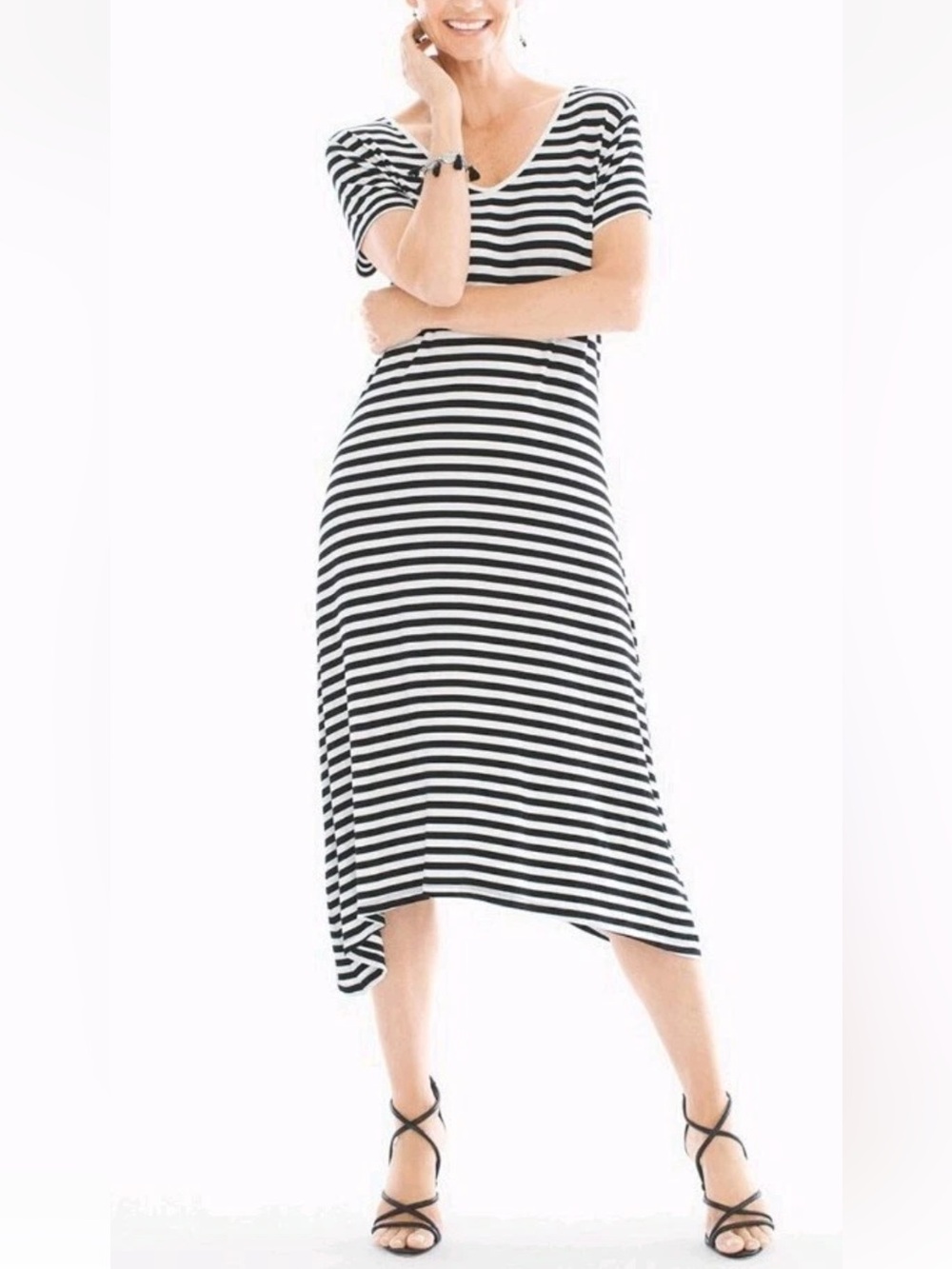 Chico's Essential Black & White Striped Shark Bite Hem Dress L